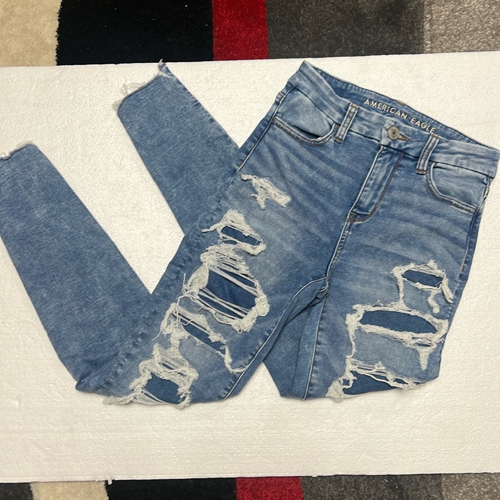 American Eagle cozy next level stretch skinny destroyed raw hem jeans